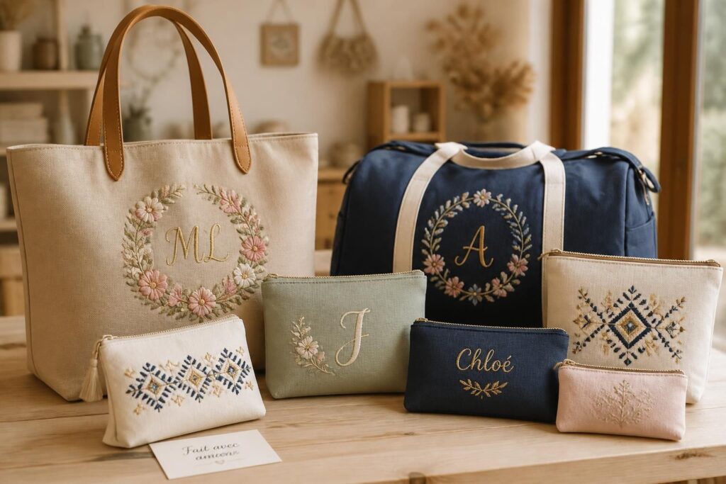 découvrez notre collection d'accessoires personnalisés brodés : sacs, trousses et pochettes uniques, parfaits pour offrir des cadeaux élégants et personnalisés.
