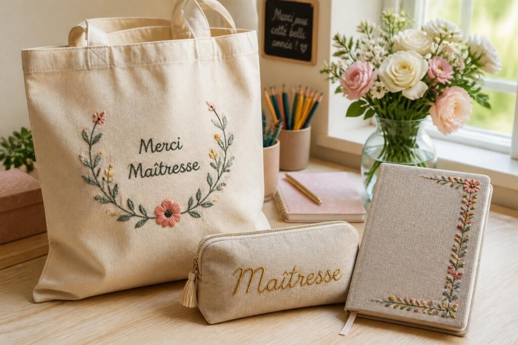 découvrez nos idées de cadeaux personnalisés brodés pour la maîtresse, parfaits pour remercier avec une touche unique et originale.