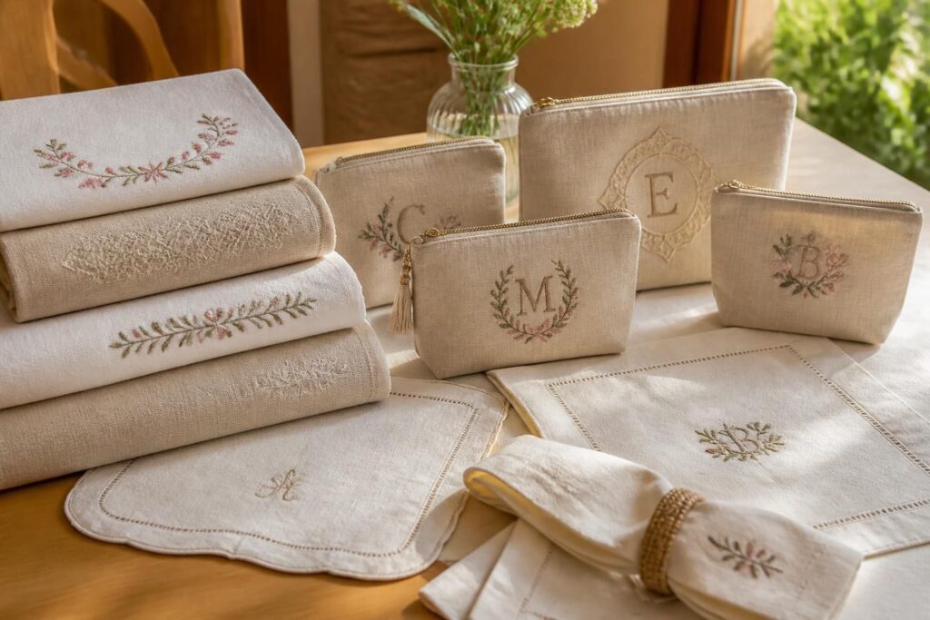découvrez notre linge de maison personnalisé : serviettes, trousses et art de la table brodés avec soin pour un intérieur unique et élégant.